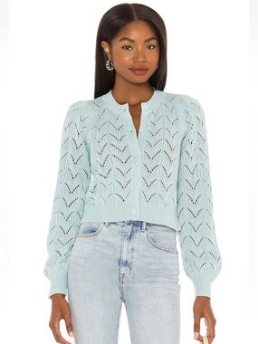 Alice + Olivia Kitty Puff Sleeve Sweater Cardigan Waterfall Blue Size S.